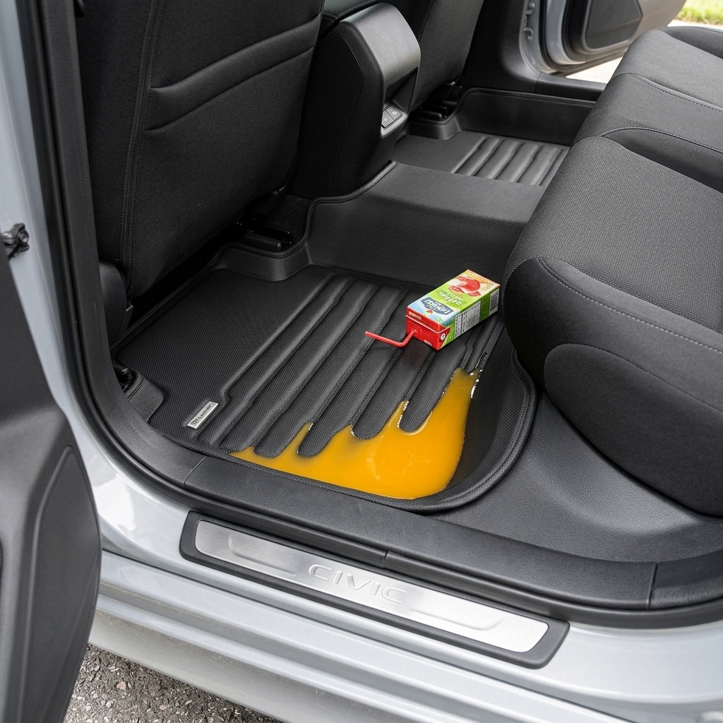 TuxMat Honda Civic rear floor mat containing a juice spill, carpet stays dry